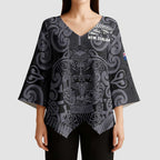 Custom New Zealand Taiaha Maori Kimono Sleeve Blouse Minimalist Silver Fern All Black - Aussie Hoodie