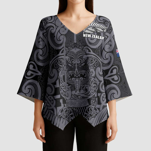 Custom New Zealand Taiaha Maori Kimono Sleeve Blouse Minimalist Silver Fern All Black - Aussie Hoodie