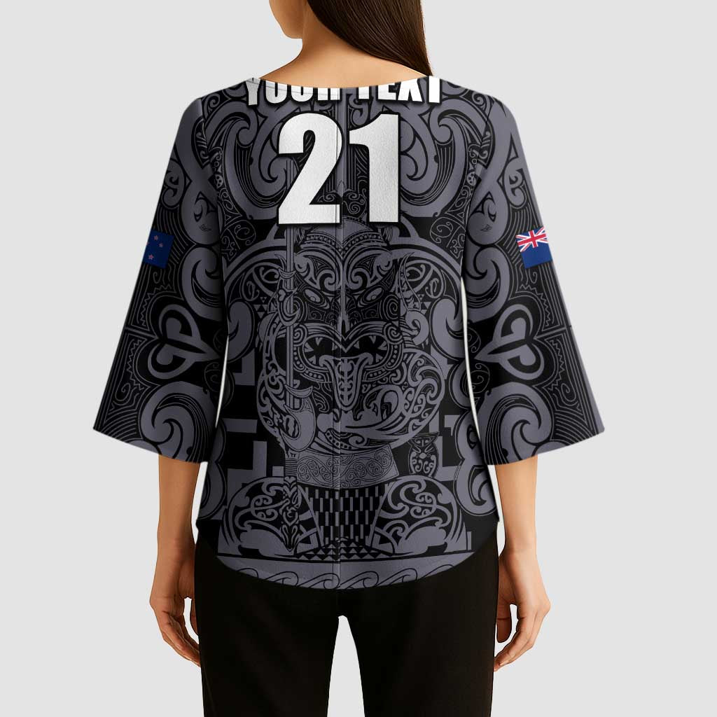 Custom New Zealand Taiaha Maori Kimono Sleeve Blouse Minimalist Silver Fern All Black - Aussie Hoodie