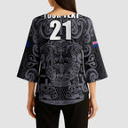 Custom New Zealand Taiaha Maori Kimono Sleeve Blouse Minimalist Silver Fern All Black - Aussie Hoodie