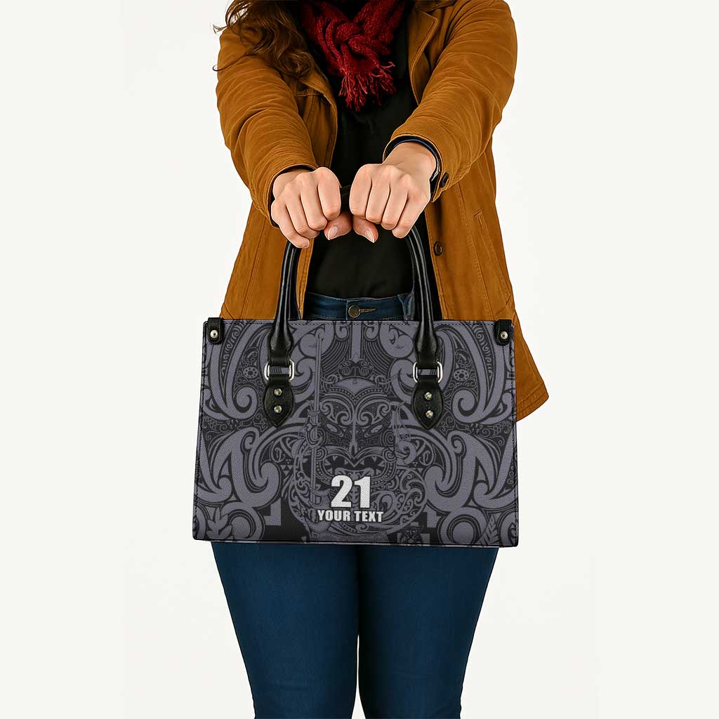 Custom New Zealand Taiaha Maori Leather Bag Minimalist Silver Fern All Black - Aussie Hoodie
