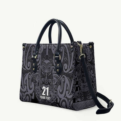 Custom New Zealand Taiaha Maori Leather Bag Minimalist Silver Fern All Black - Aussie Hoodie