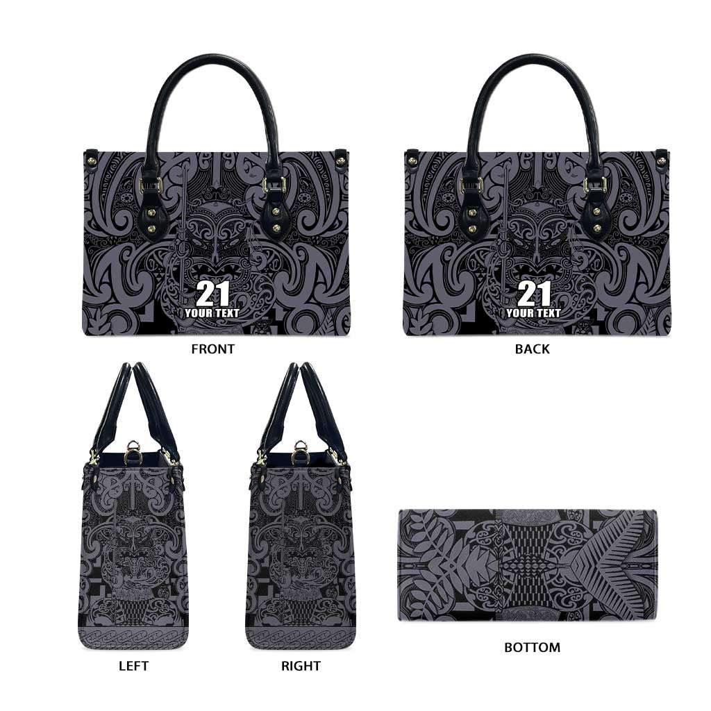 Custom New Zealand Taiaha Maori Leather Bag Minimalist Silver Fern All Black - Aussie Hoodie