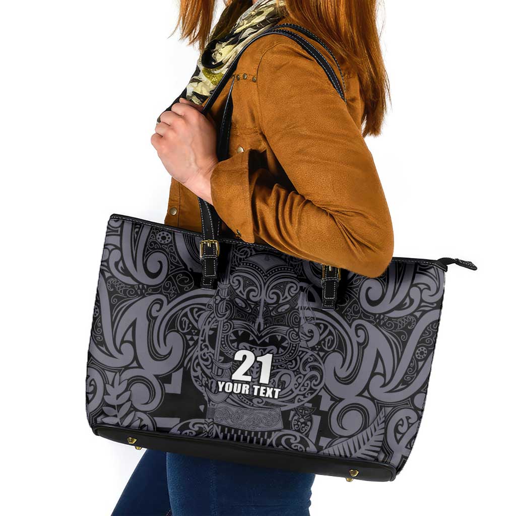 Custom New Zealand Taiaha Maori Leather Tote Bag Minimalist Silver Fern All Black - Aussie Hoodie