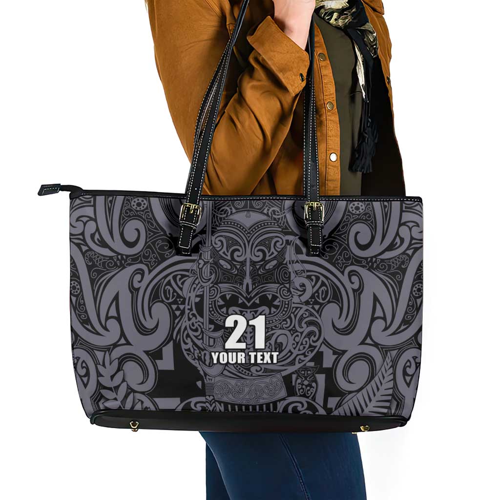 Custom New Zealand Taiaha Maori Leather Tote Bag Minimalist Silver Fern All Black - Aussie Hoodie
