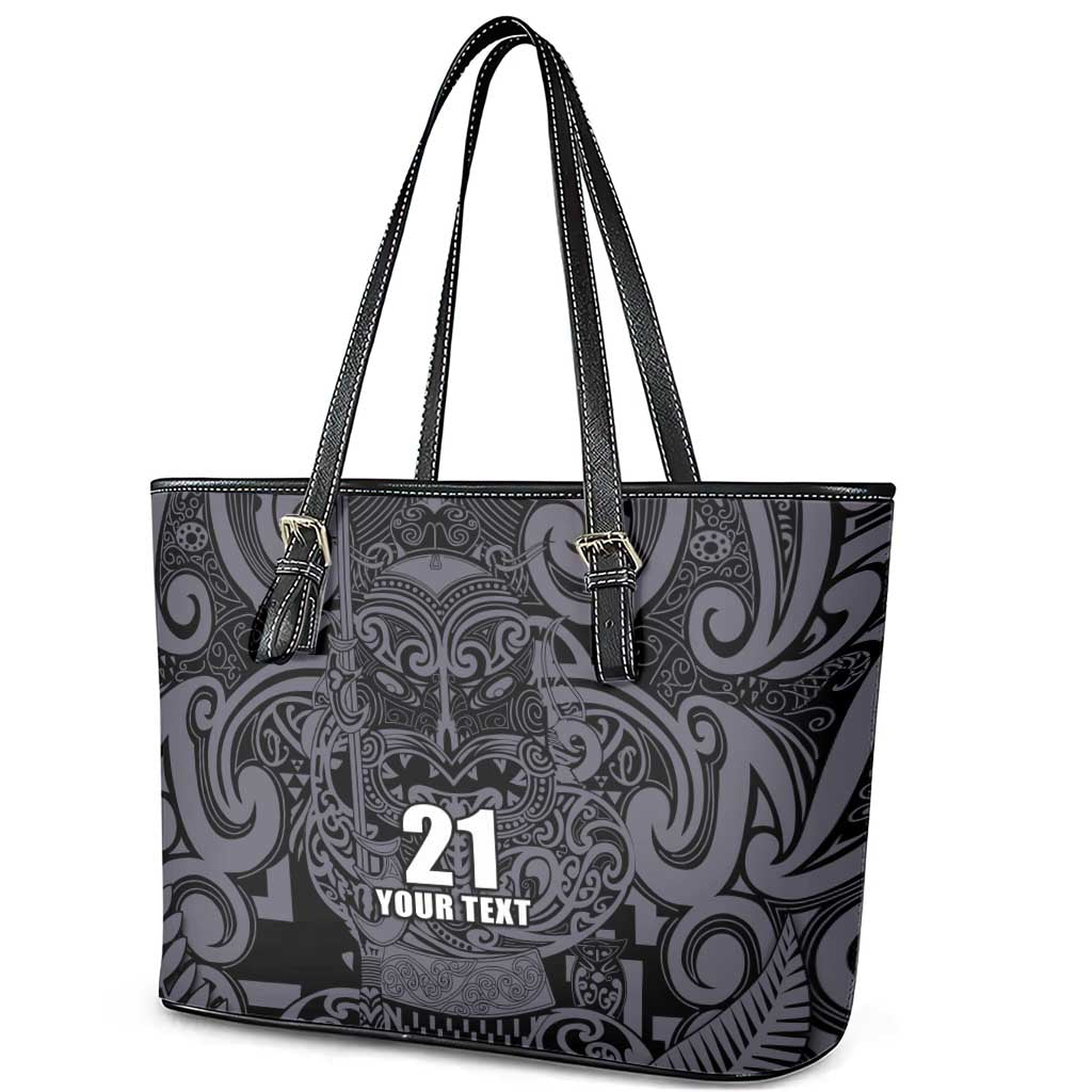 Custom New Zealand Taiaha Maori Leather Tote Bag Minimalist Silver Fern All Black - Aussie Hoodie