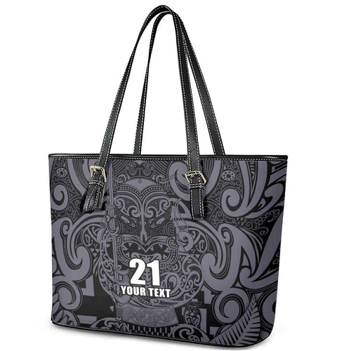 Custom New Zealand Taiaha Maori Leather Tote Bag Minimalist Silver Fern All Black - Aussie Hoodie