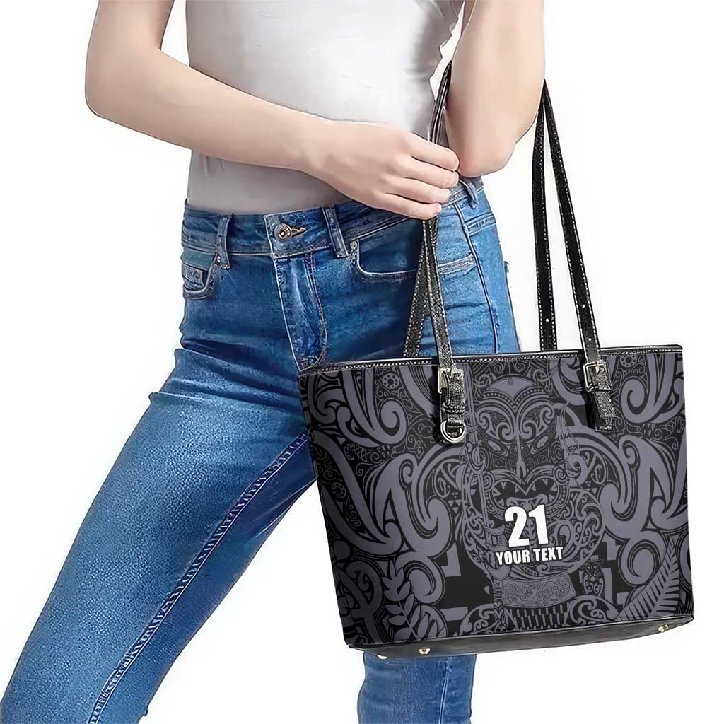 Custom New Zealand Taiaha Maori Leather Tote Bag Minimalist Silver Fern All Black - Aussie Hoodie