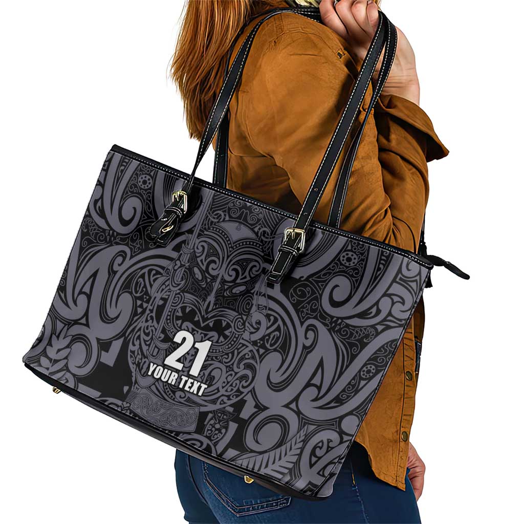Custom New Zealand Taiaha Maori Leather Tote Bag Minimalist Silver Fern All Black - Aussie Hoodie