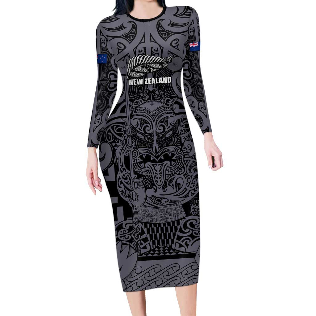 Custom New Zealand Taiaha Maori Long Sleeve Bodycon Dress Minimalist Silver Fern All Black - Aussie Hoodie