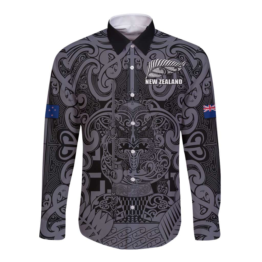 Custom New Zealand Taiaha Maori Long Sleeve Button Shirt Minimalist Silver Fern All Black - Aussie Hoodie