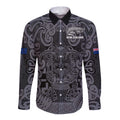 Custom New Zealand Taiaha Maori Long Sleeve Button Shirt Minimalist Silver Fern All Black - Aussie Hoodie