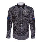 Custom New Zealand Taiaha Maori Long Sleeve Button Shirt Minimalist Silver Fern All Black - Aussie Hoodie