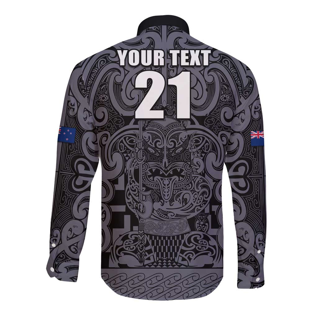 Custom New Zealand Taiaha Maori Long Sleeve Button Shirt Minimalist Silver Fern All Black - Aussie Hoodie