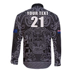 Custom New Zealand Taiaha Maori Long Sleeve Button Shirt Minimalist Silver Fern All Black - Aussie Hoodie