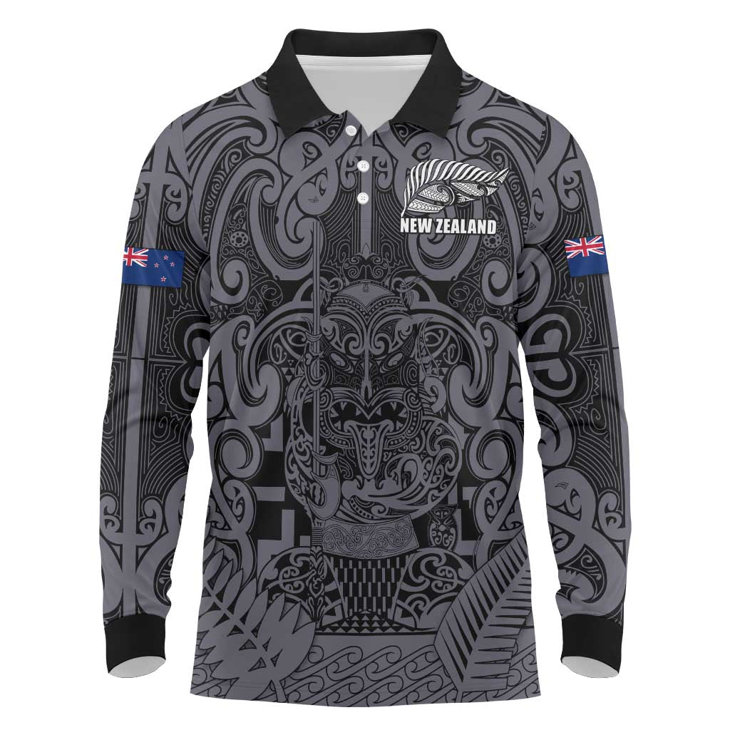 Custom New Zealand Taiaha Maori Long Sleeve Polo Shirt Minimalist Silver Fern All Black - Aussie Hoodie