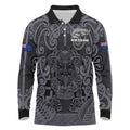 Custom New Zealand Taiaha Maori Long Sleeve Polo Shirt Minimalist Silver Fern All Black - Aussie Hoodie