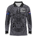 Custom New Zealand Taiaha Maori Long Sleeve Polo Shirt Minimalist Silver Fern All Black - Aussie Hoodie