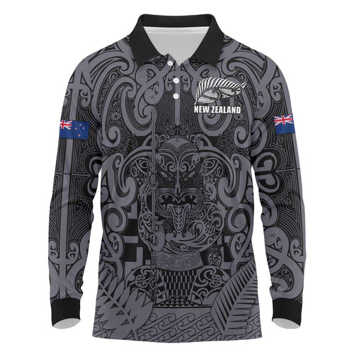 Custom New Zealand Taiaha Maori Long Sleeve Polo Shirt Minimalist Silver Fern All Black - Aussie Hoodie