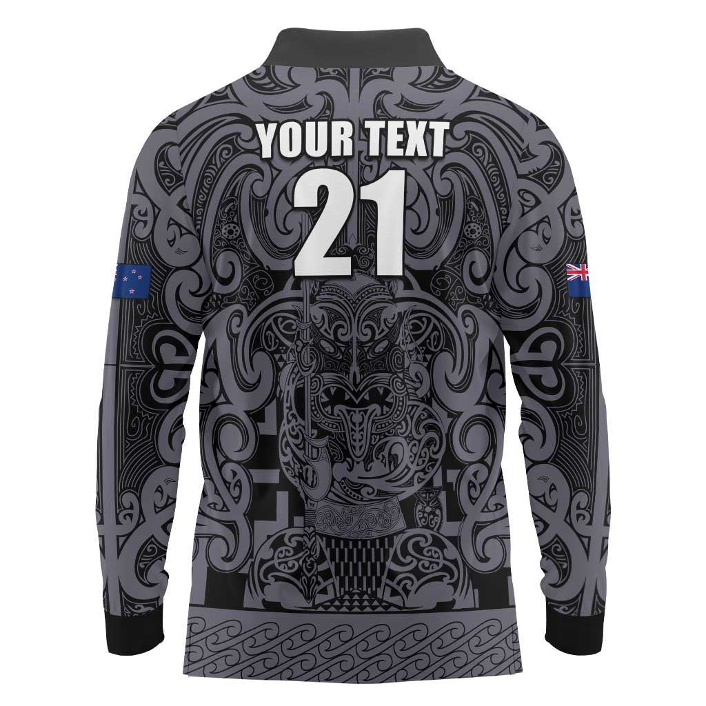 Custom New Zealand Taiaha Maori Long Sleeve Polo Shirt Minimalist Silver Fern All Black - Aussie Hoodie