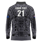 Custom New Zealand Taiaha Maori Long Sleeve Polo Shirt Minimalist Silver Fern All Black - Aussie Hoodie