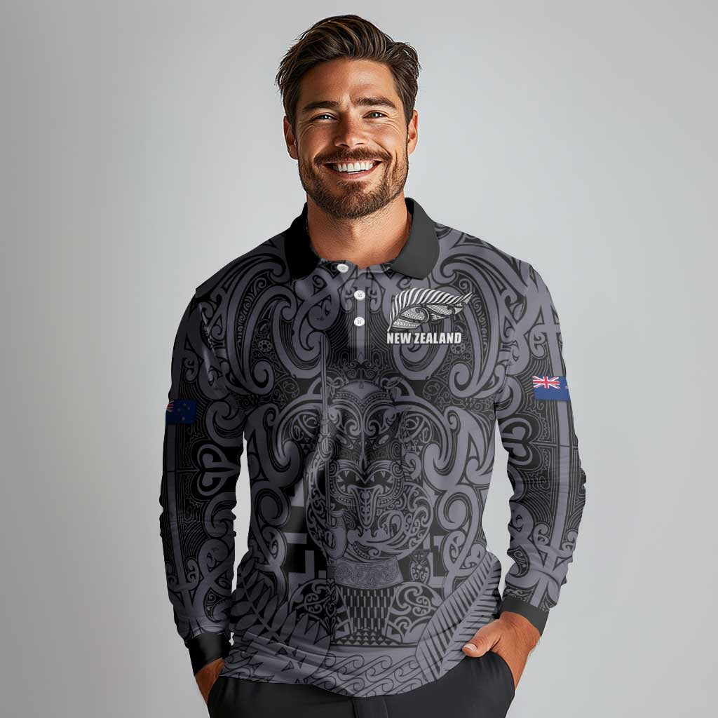 Custom New Zealand Taiaha Maori Long Sleeve Polo Shirt Minimalist Silver Fern All Black - Aussie Hoodie