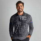 Custom New Zealand Taiaha Maori Long Sleeve Polo Shirt Minimalist Silver Fern All Black - Aussie Hoodie
