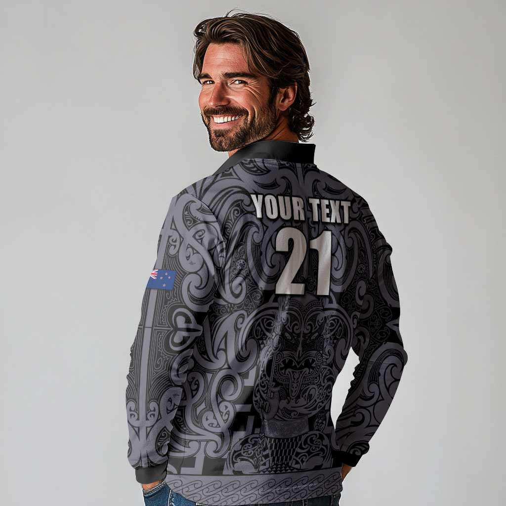 Custom New Zealand Taiaha Maori Long Sleeve Polo Shirt Minimalist Silver Fern All Black - Aussie Hoodie