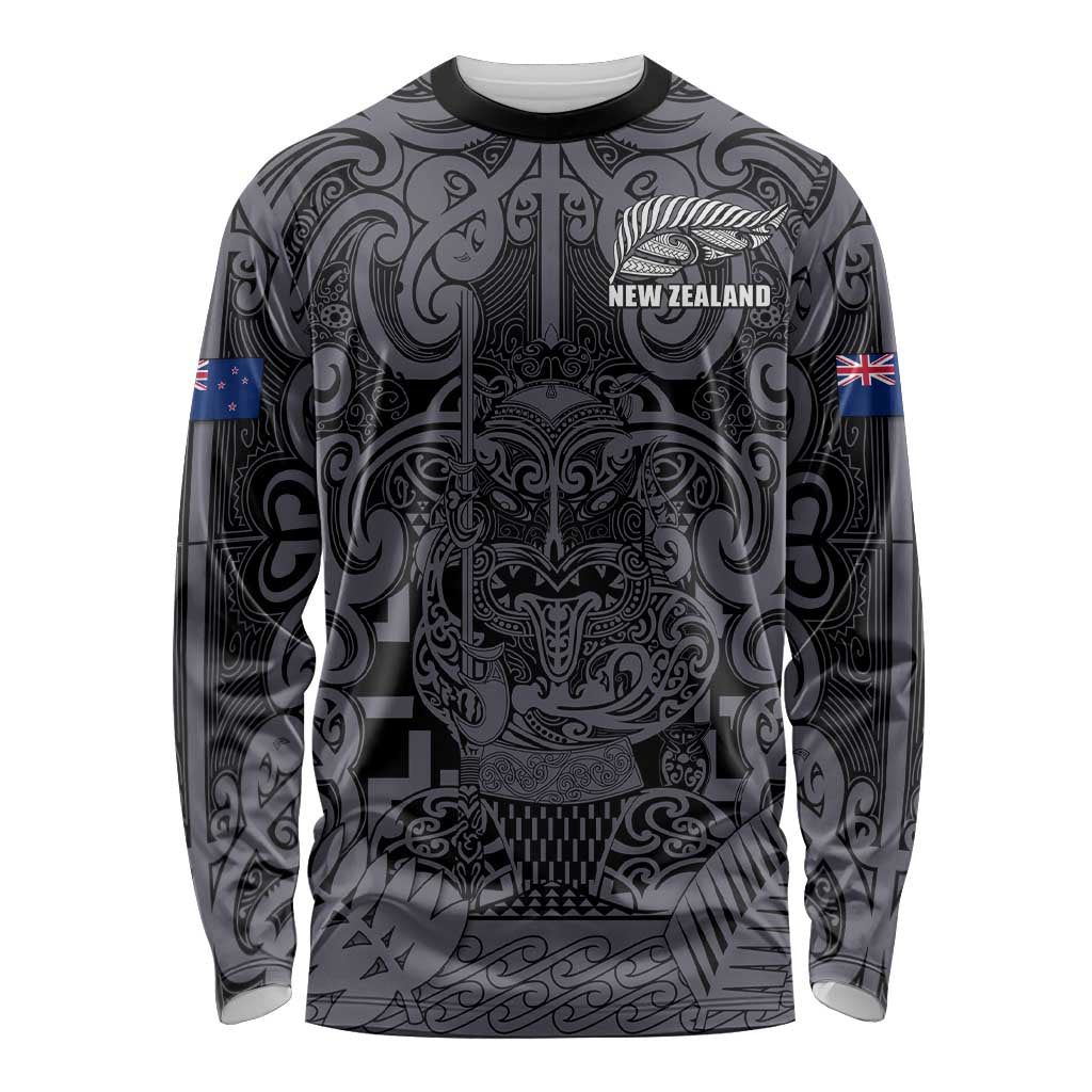 Custom New Zealand Taiaha Maori Long Sleeve Shirt Minimalist Silver Fern All Black - Aussie Hoodie