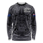 Custom New Zealand Taiaha Maori Long Sleeve Shirt Minimalist Silver Fern All Black - Aussie Hoodie