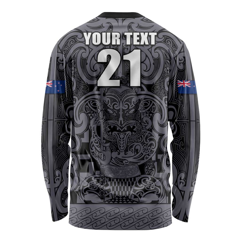 Custom New Zealand Taiaha Maori Long Sleeve Shirt Minimalist Silver Fern All Black - Aussie Hoodie