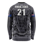 Custom New Zealand Taiaha Maori Long Sleeve Shirt Minimalist Silver Fern All Black - Aussie Hoodie