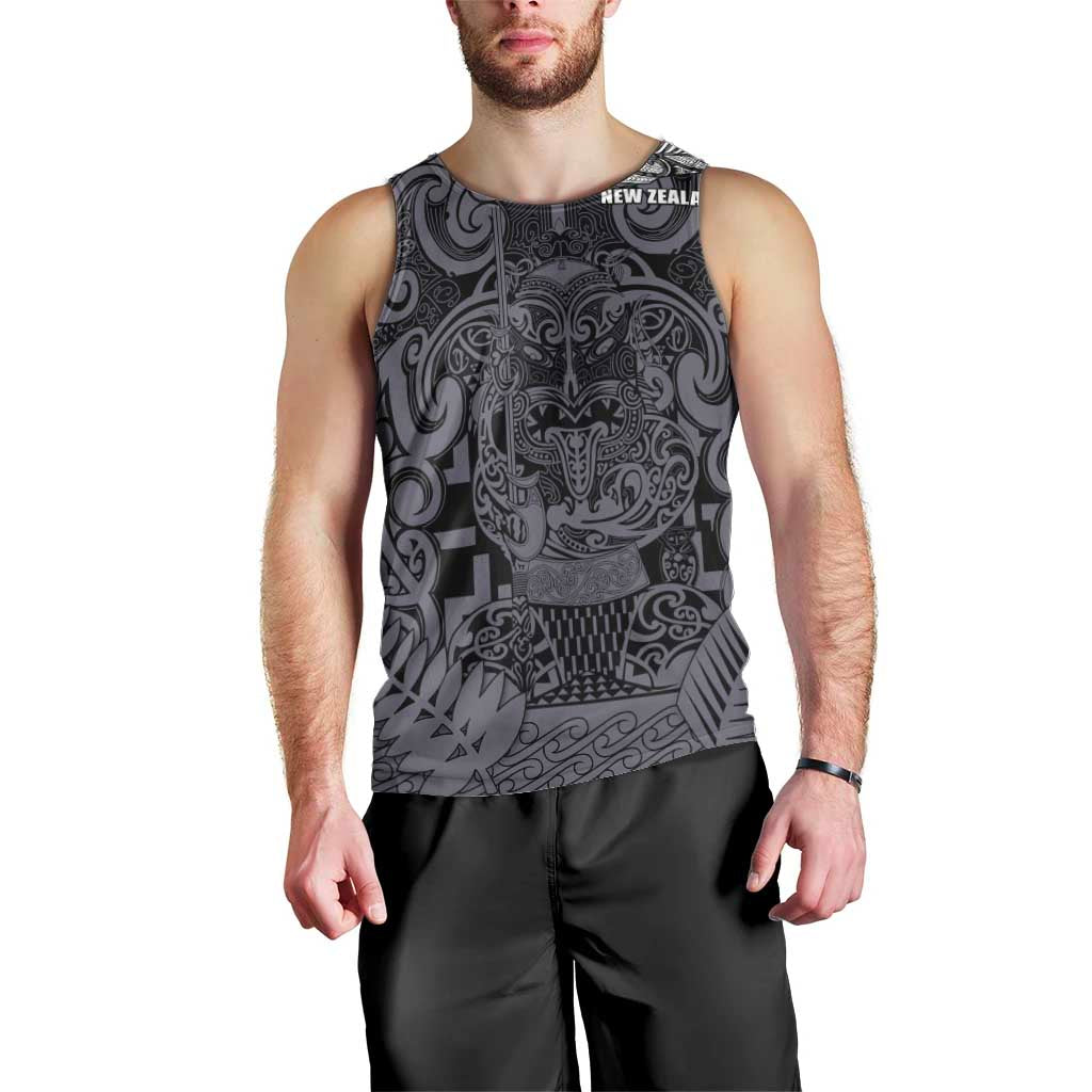Custom New Zealand Taiaha Maori Men Tank Top Minimalist Silver Fern All Black - Aussie Hoodie