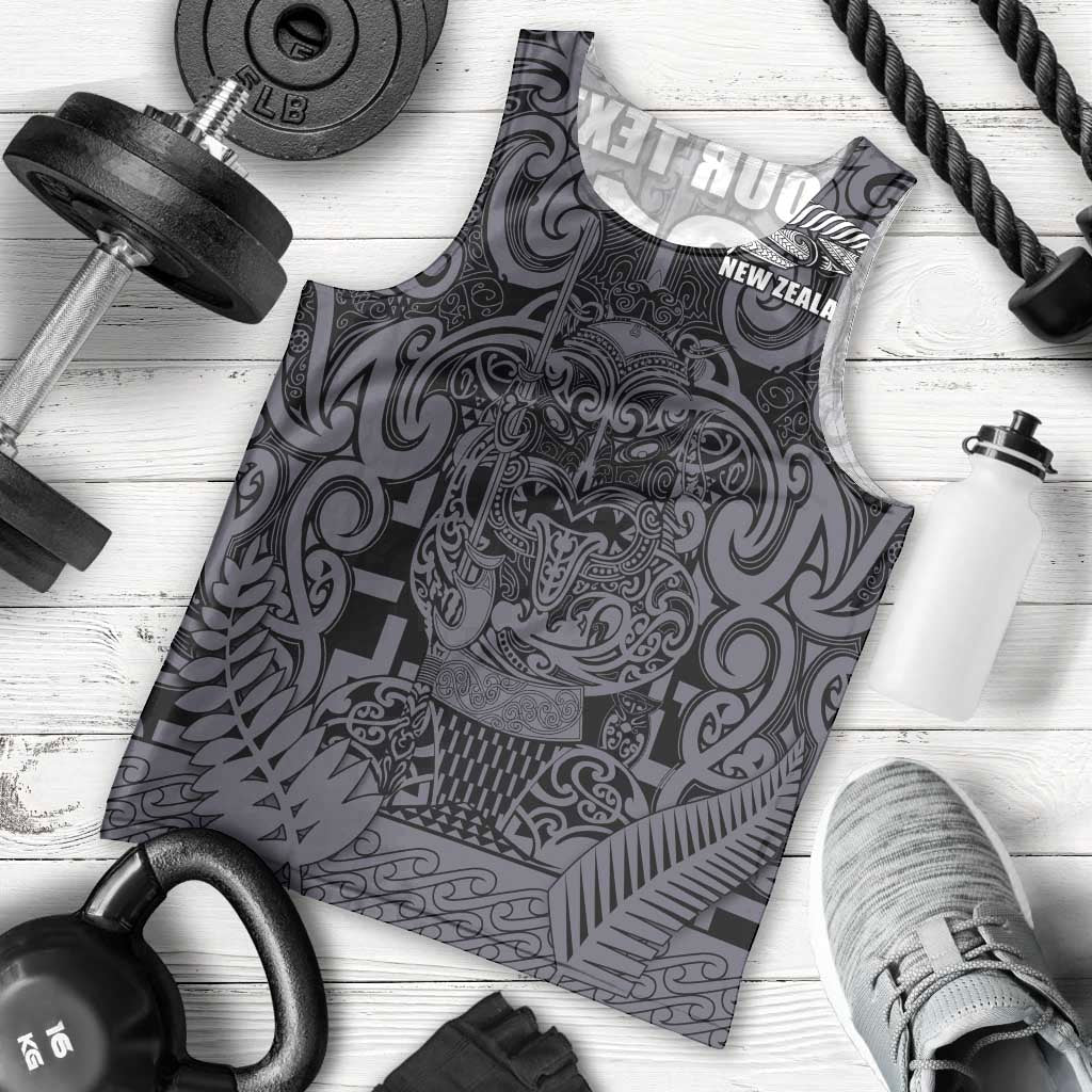 Custom New Zealand Taiaha Maori Men Tank Top Minimalist Silver Fern All Black - Aussie Hoodie