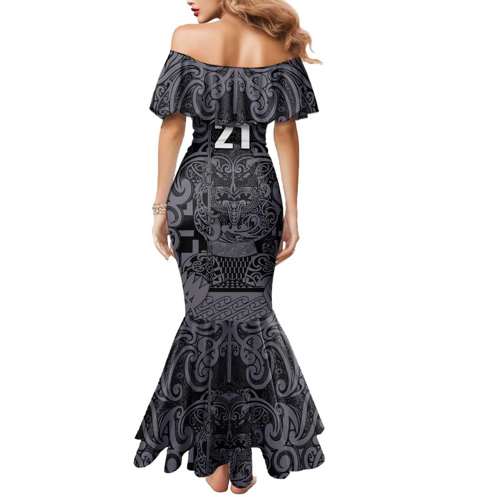 Custom New Zealand Taiaha Maori Mermaid Dress Minimalist Silver Fern All Black - Aussie Hoodie
