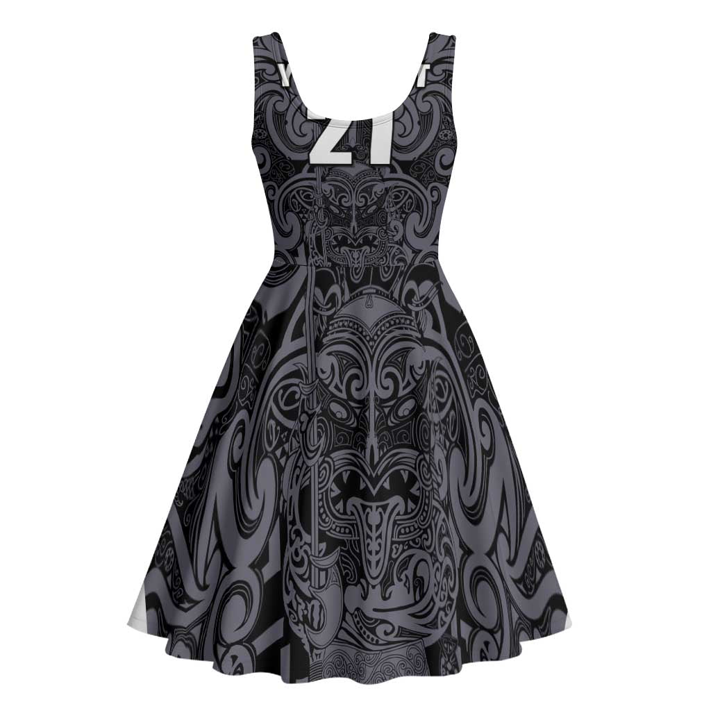 Custom New Zealand Taiaha Maori Midi Dress Minimalist Silver Fern All Black - Aussie Hoodie