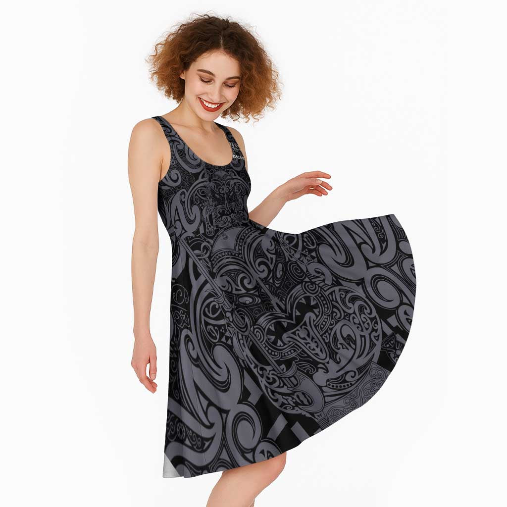 Custom New Zealand Taiaha Maori Midi Dress Minimalist Silver Fern All Black - Aussie Hoodie