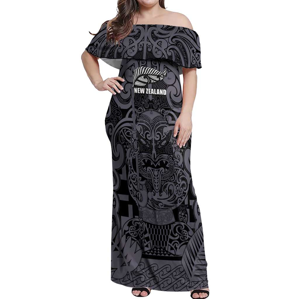 Custom New Zealand Taiaha Maori Off Shoulder Maxi Dress Minimalist Silver Fern All Black - Aussie Hoodie