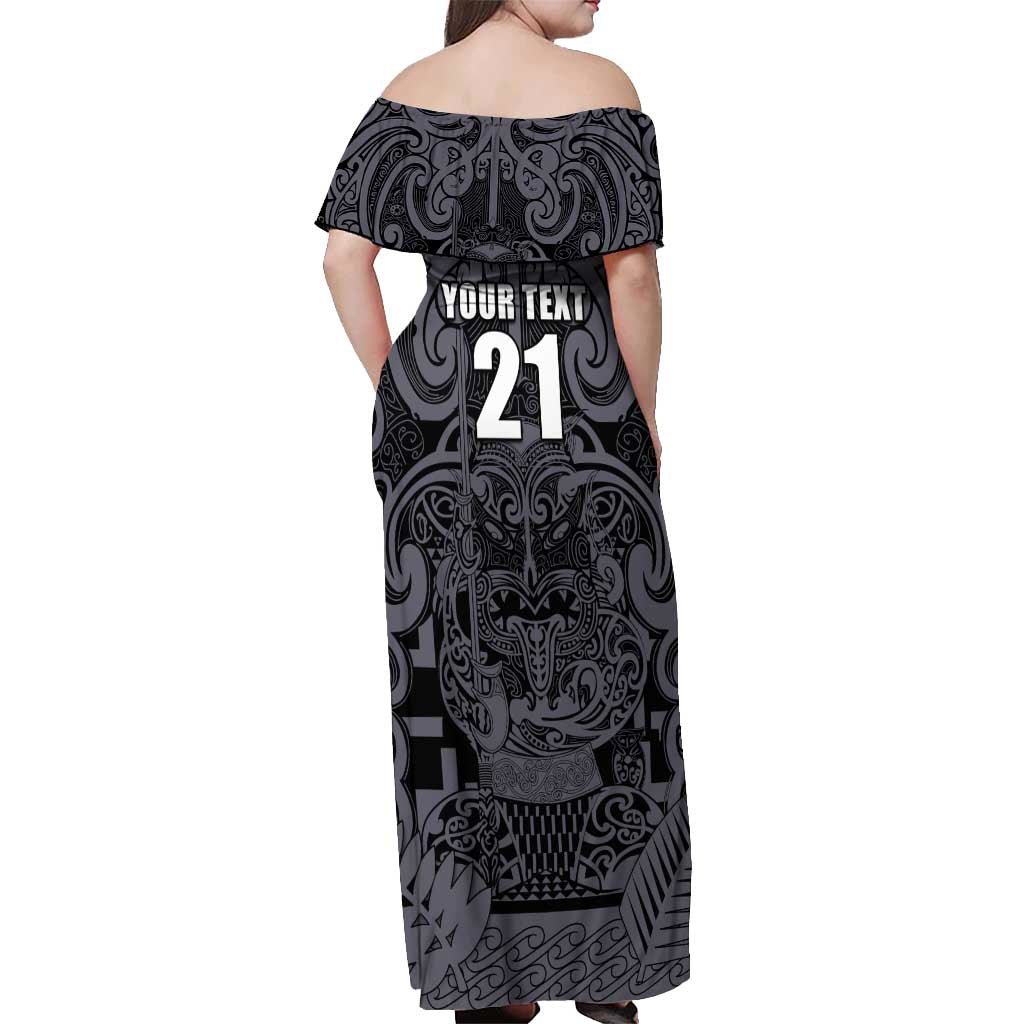 Custom New Zealand Taiaha Maori Off Shoulder Maxi Dress Minimalist Silver Fern All Black - Aussie Hoodie