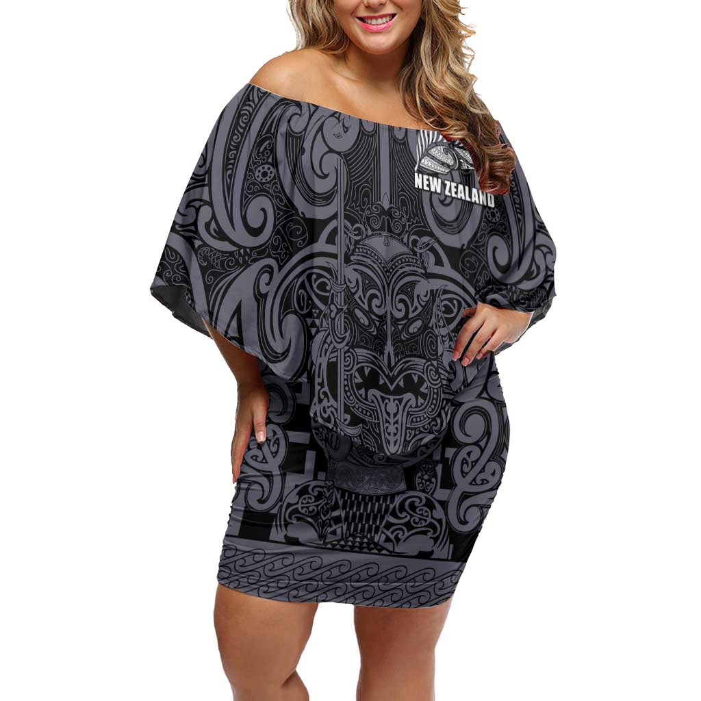 Custom New Zealand Taiaha Maori Off Shoulder Short Dress Minimalist Silver Fern All Black - Aussie Hoodie