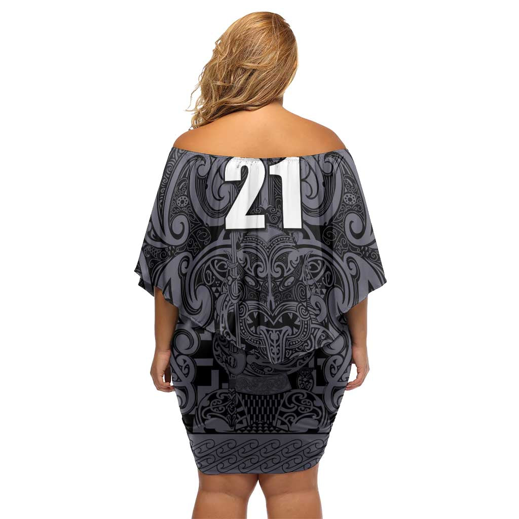Custom New Zealand Taiaha Maori Off Shoulder Short Dress Minimalist Silver Fern All Black - Aussie Hoodie