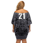 Custom New Zealand Taiaha Maori Off Shoulder Short Dress Minimalist Silver Fern All Black - Aussie Hoodie