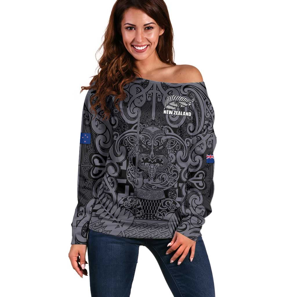 Custom New Zealand Taiaha Maori Off Shoulder Sweater Minimalist Silver Fern All Black - Aussie Hoodie