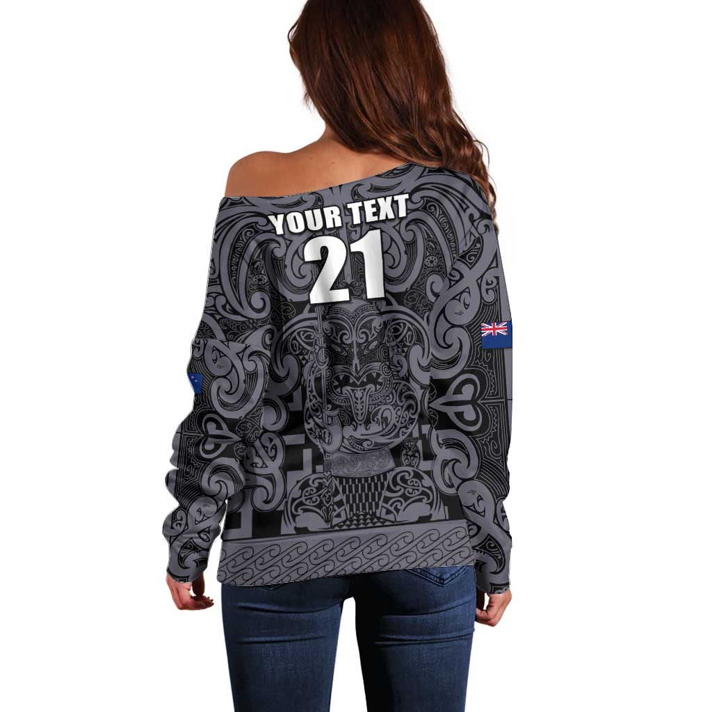 Custom New Zealand Taiaha Maori Off Shoulder Sweater Minimalist Silver Fern All Black - Aussie Hoodie