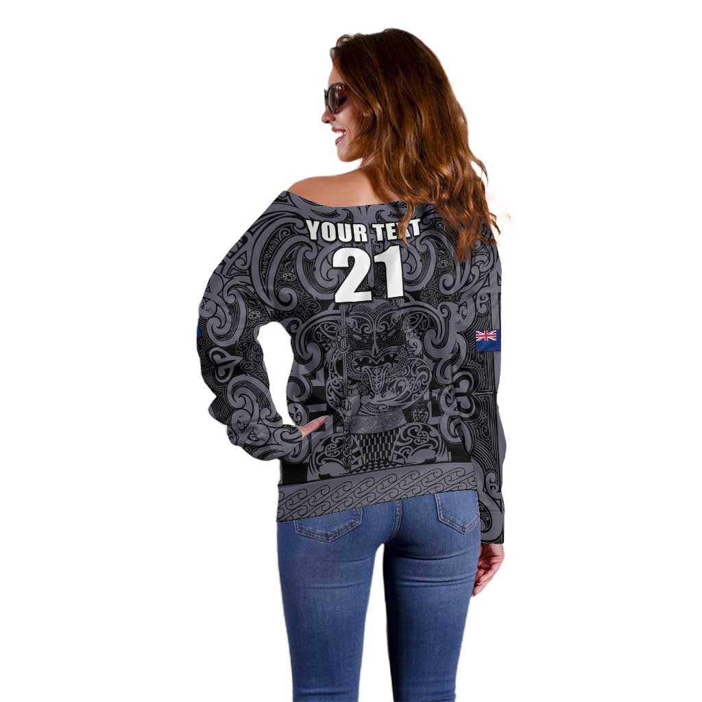 Custom New Zealand Taiaha Maori Off Shoulder Sweater Minimalist Silver Fern All Black - Aussie Hoodie