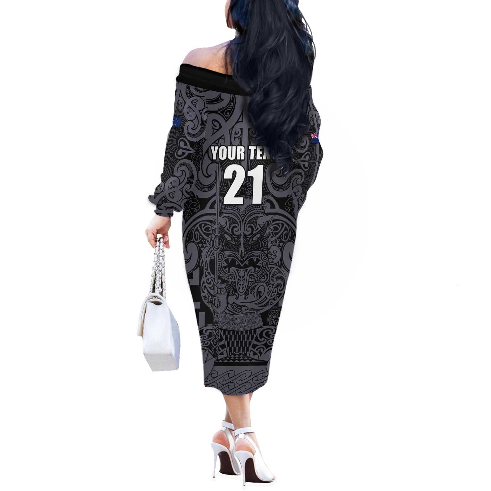 Custom New Zealand Taiaha Maori Off The Shoulder Long Sleeve Dress Minimalist Silver Fern All Black - Aussie Hoodie