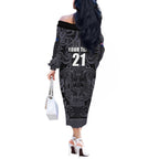 Custom New Zealand Taiaha Maori Off The Shoulder Long Sleeve Dress Minimalist Silver Fern All Black - Aussie Hoodie