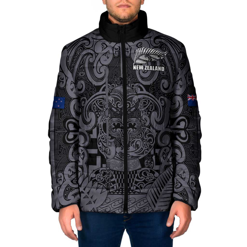 Custom New Zealand Taiaha Maori Padded Jacket Minimalist Silver Fern All Black - Aussie Hoodie