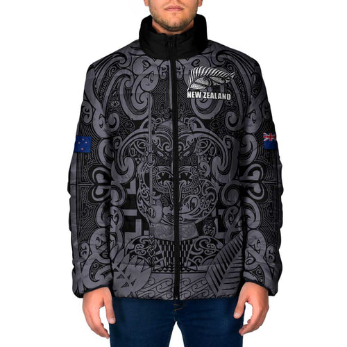 Custom New Zealand Taiaha Maori Padded Jacket Minimalist Silver Fern All Black - Aussie Hoodie