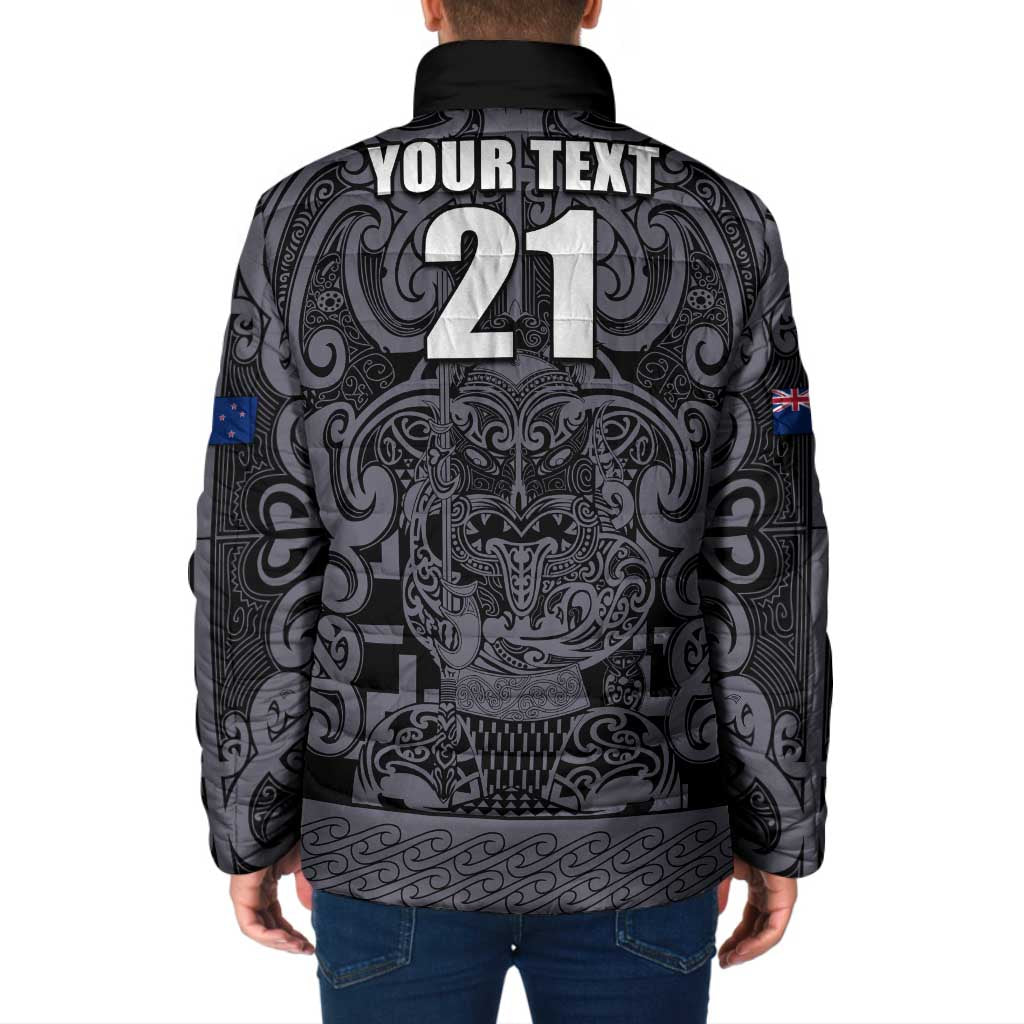 Custom New Zealand Taiaha Maori Padded Jacket Minimalist Silver Fern All Black - Aussie Hoodie
